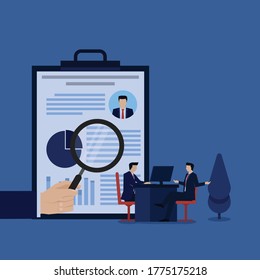 Man sit and talk with hand hold magnify metaphor of interview and hiring. Business flat vector concept illustration.