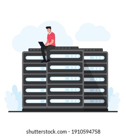 Man sit and upgrade the cloud hosting in server. Flat cloud hosting illustration.