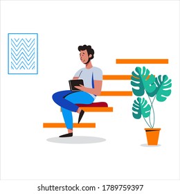 Man sit and working in friendly open space workplace. Coworking, freelance, teamwork, communication, interaction, idea, independent activity concept. Vector illustration on white background