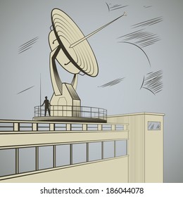 Man at the site of  large radar  peering into the distance vector illustration