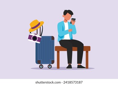Man siting with his stuff Traveling with a bag or suitcase concept. Colored flat vector illustration isolated.