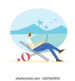 A man siting on the chair at the beach doing his job using laptop while work from anywhere. Flat vector illustration