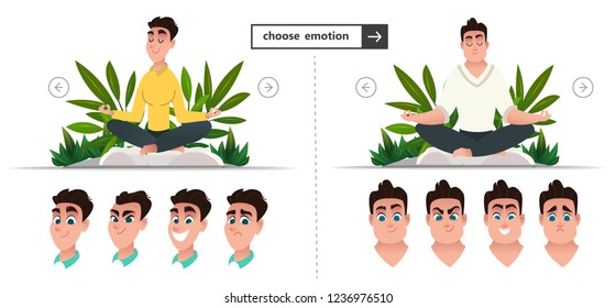 A man sits against a forest, grass, flowers in the lotus position. Yoga Man Vector. Prenatal Yoga Animated Character Set. Isolated Flat Cartoon Illustration