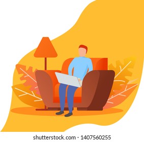 A man sits In the armchair with a laptop.The concept of distance e-learning.Young guy self education.Student cartoon character flat illustration education vector.