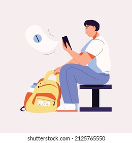 A man sits with a backpack, a bag. The man is holding a phone in his hand. Medication reminder on phone. Notice of taking medication, pills.Vector modern illustration