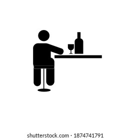 A man sits at the bar with a bottle of wine. Black and White Icon. Vector flat illustration