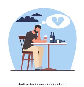 Man sits in bar drinking wine, young sad man, upset about breakup of relationship. Depression and loneliness, alcoholism disease. Alone boy drinks alcohol beverages. Cartoon flat vector concept