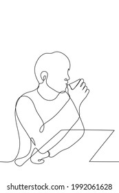 Man Sits At The Bar And Drinks A Drink From A Low Glass (whiskey, Coffee) - One Line Drawing. Breakfast Or Alcoholic Intoxication Concept