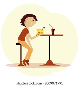 A man sits at a bar table and eats a hamburger with gusto. Colored vector stock illustration. Cartoon character. Isolated on a light background.