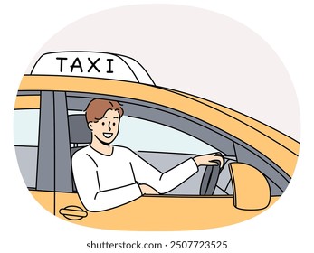 Man sits behind wheel of TAXI car and looks out window making career as public transport driver. Positive young guy TAXI driver looks at screen offering to get home quickly and safely