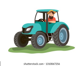 a man sits in a blue tractor and looks out the window