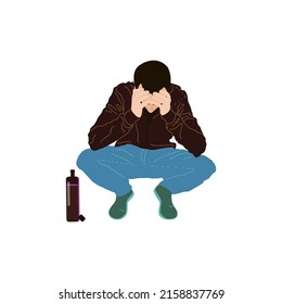 A man sits with a bottle of wine and holds his head. Male alcoholism. The problem of alcoholism among young people. Male character with alcohol.Alcohol addicted, spirit drinks, drinking lone concept.