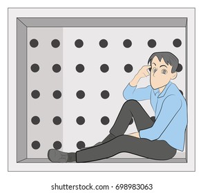 A man sits in a box and reflects. Concept of personal space. vector illustration.