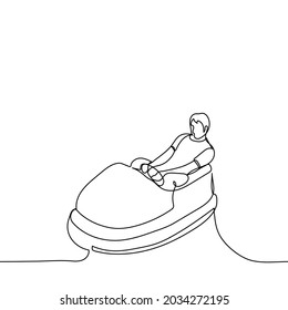 man sits bumper car - one line drawing. the young man is having fun at the circuit 