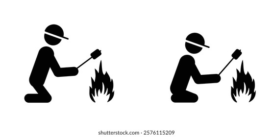 Man sits by the campfire, warms his hands and marshmallow. marshmallows, fire flame. Stop, do not open fire. Stickman , stick figures man icon or pictogram. tourism, summer camp, fireplace on camping.