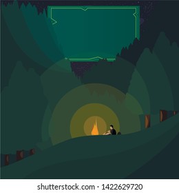 A man sits by the fire in the forest at night. View of the stars and the reflection of the moon on the wooded mountains. Frame for text in the sky. Vector.
