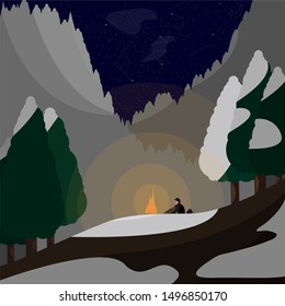 A man sits by a fire in the forest at night in winter. View of the stars and places of snow-covered trees. Vector.