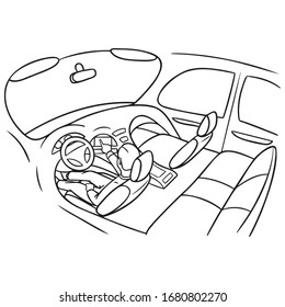 man sits in the car and presses on the navigation system. interior, coloring book, cartoon, car, illustration.