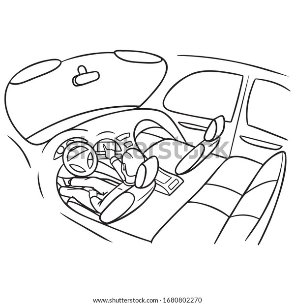 man sits in\
the car and presses on the navigation system. interior, coloring\
book, cartoon, car,\
illustration.