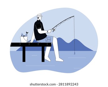 Man sits casually on the edge of a pier, holding a rod with a bucket of fish beside him.
