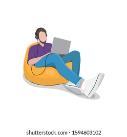 A man sits in a chair a bag with a laptop and headphones. Remote work, freelance, online training. Checks mail, writes letters, searches for information on the Internet. Vector illustration. Isolated