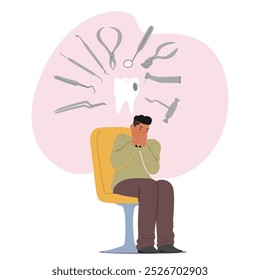 Man Sits In A Chair With A Distressed Expression, Imagining Dental Tools Hovering Above. Vector Image Represents The Common Fear And Anxiety Associated With Dental Visits And Oral Health Concerns