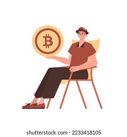 A man sits in a chair and holds a bitcoin in his hands. Character with a modern style.