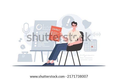 A man sits in a chair and holds a contract in his hands. The concept of concluding contracts. Vector illustration in a flat style.