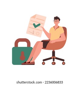 El hombre se sienta en una silla y tiene un documento en sus manos. Protección de datos. Un contrato inteligente. Carácter de estilo de tendencia.