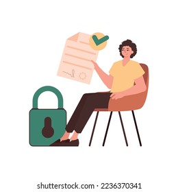 The man sits in a chair and holds a document in her hands. Data protection. Smart contract. Trend style character.