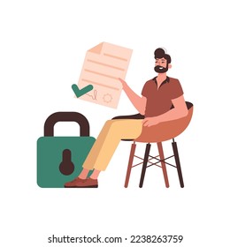 The man sits in a chair and holds a document in her hands. Data protection. Smart contract. Trend style character.