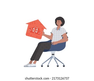 A man sits in a chair and holds a house icon in his hands. Internet of things concept. Isolated. Vector illustration in trendy flat style.