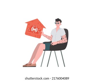 A man sits in a chair and holds a house icon in his hands. Internet of things concept. Isolated. Vector illustration in flat style.