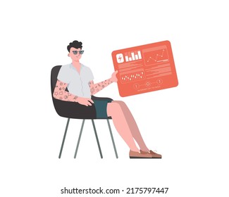 A man sits in a chair and holds a panel with analyzers and indicators in his hands. Internet of things and automation concept. Isolated. Vector illustration in trendy flat style.