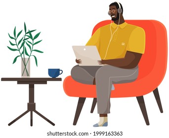 Man sits in chair with laptop and headphones. Remote work, freelance, online training concept. Checking email, watching video, searching for information on Internet. Male character sits with computer