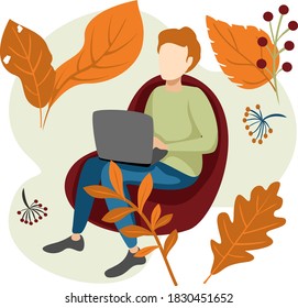 Un hombre se sienta en una silla con una laptop. Ilustración vectorial en estilo plano
