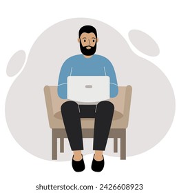Un hombre se sienta en una silla con una laptop. Vector