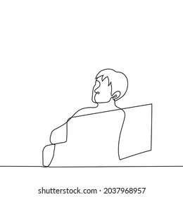 man sits in a chair and turned his head towards the viewer - one line drawing. man turned to look at the viewer. concept of reaction if distracting someone 