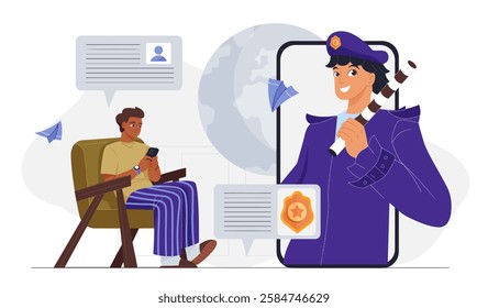 A man sits in a chair using his smartphone, chatting with a virtual police officer appearing on his screen. Digital security and online safety concept