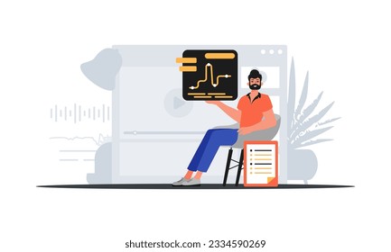 El hombre se sienta en un casta y sostiene una gráfica con estadísticas. concepto de mercado digital. Estilo de moda, Ilustración vectorial