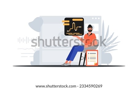 The man sits in a chasten and holds a chart with statistic . digital marketplace concept. Trendy style, Vector Illustration