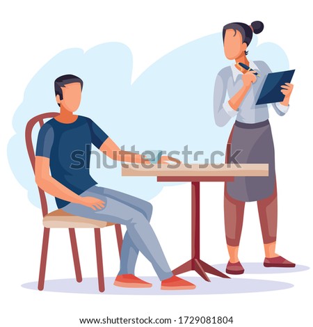 a man sits at a coffee table and a waiter girl stands next to her, she writes his order in her big notebook, isolated object on a white background, vector illustration,