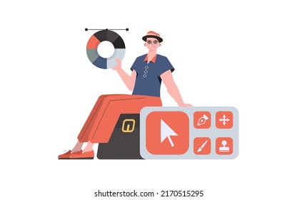 A man sits and color wheel in his hands  Isolated  Element for presentation  Vector illustration