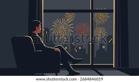 A man sits in a comfortable armchair, looking out a large window at a vibrant fireworks display illuminating the night sky over a city.