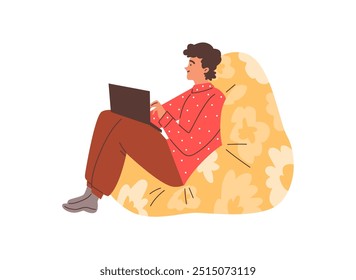 Man sits in a comfortable soft chair with a laptop on his lap. Pear bean bag chair. Character works from home, enjoys relaxation while sitting in cozy furniture. Cartoon style. Vector illustration.