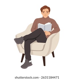 Man sits comfortably in a chair, deeply engaged in reading a book with calm and focused expression. Flat vector illustration isolated on white background
