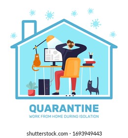 man sits at the computer with cats on a white background home isolation vector illustration