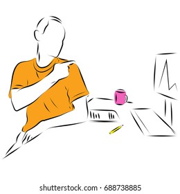 A man sits at a computer desk. Removes dust from the shoulder with a finger. Pencil drawing