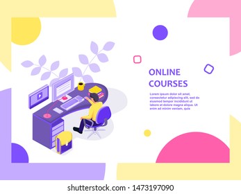 A man sits at a computer and goes through online training. Watching videos, reading books, social networking. Online courses illustration vector infographics design isometric flat style.