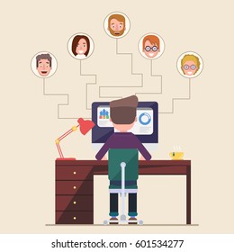 A man sits at a computer and looks at different candidates. Vector illustration in a flat style.